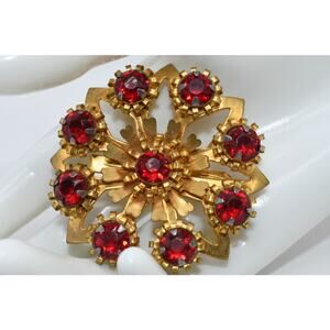 1950s Red Rhinestone Gold Tone Floral Brooch Prong Set Riveted 2 1/8”